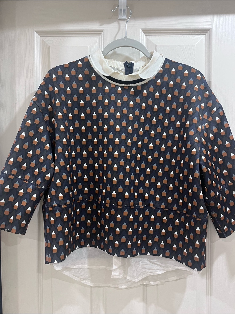 Black, Navy, and Brown Patterned Blouse with Cream Collar